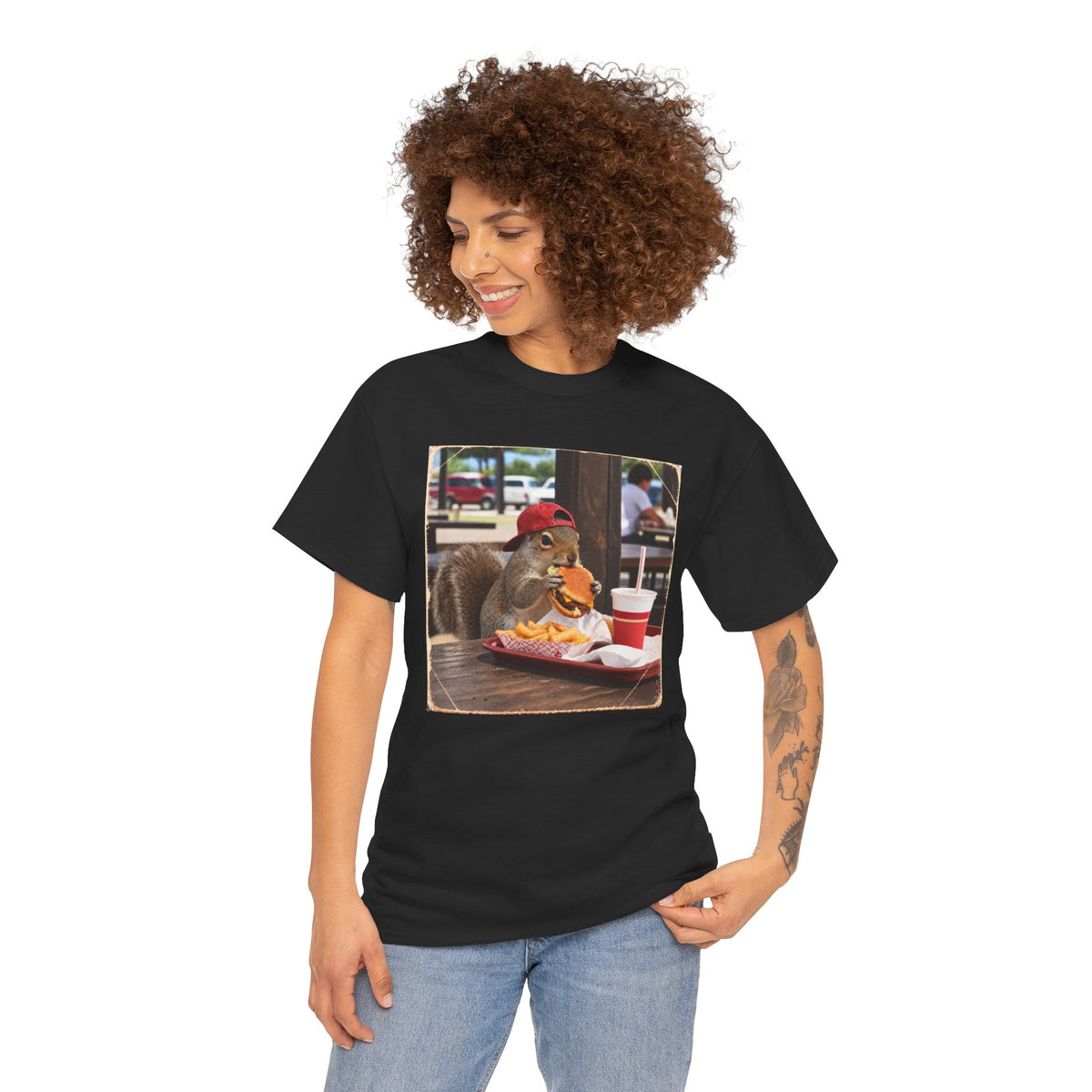Squirrel Eating Burger T‑Shirt — Funny Animal Photo Tee