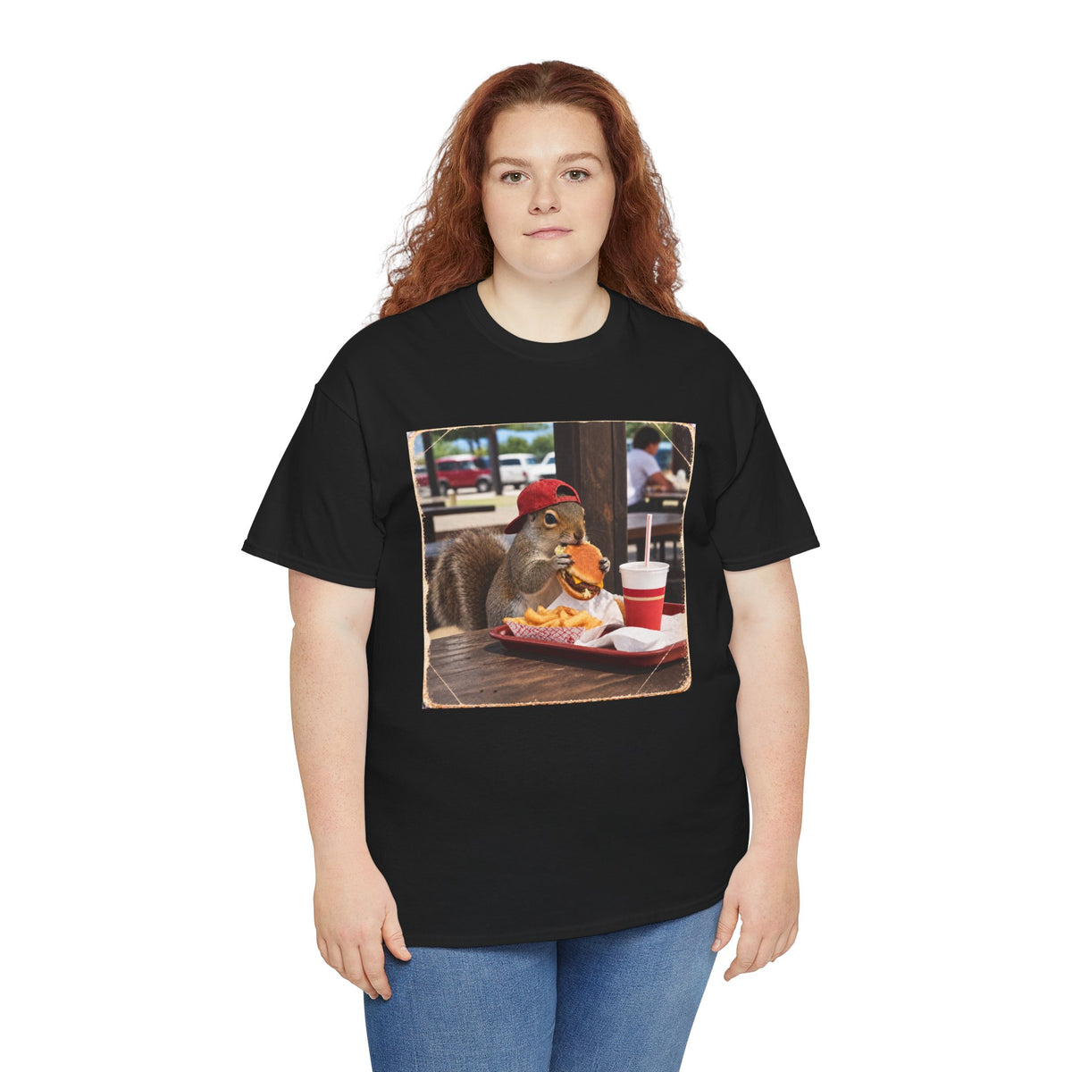 Squirrel Eating Burger T‑Shirt — Funny Animal Photo Tee