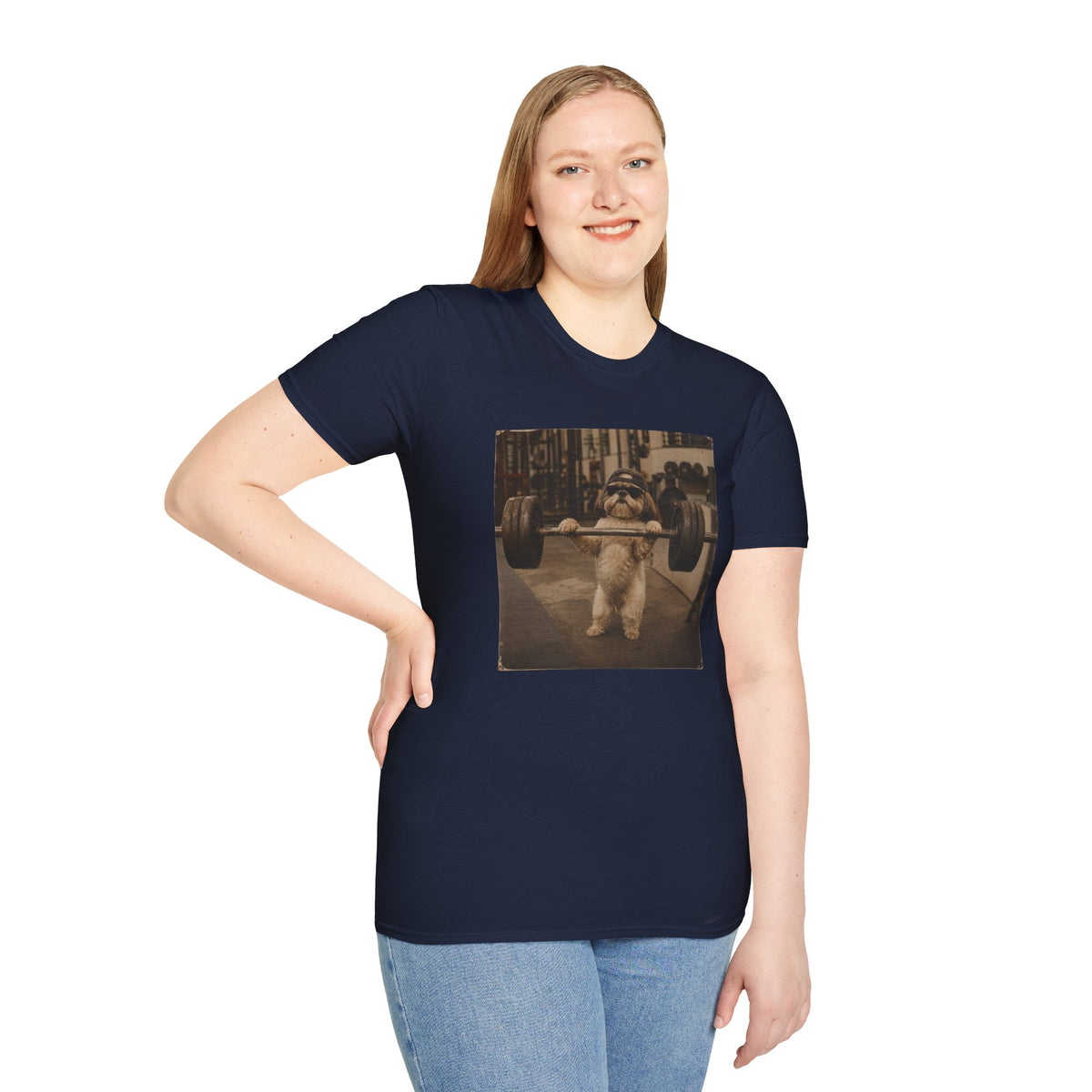 Strong Dog Lifting Barbell T-Shirt | Cute Gym Animal Graphic Tee