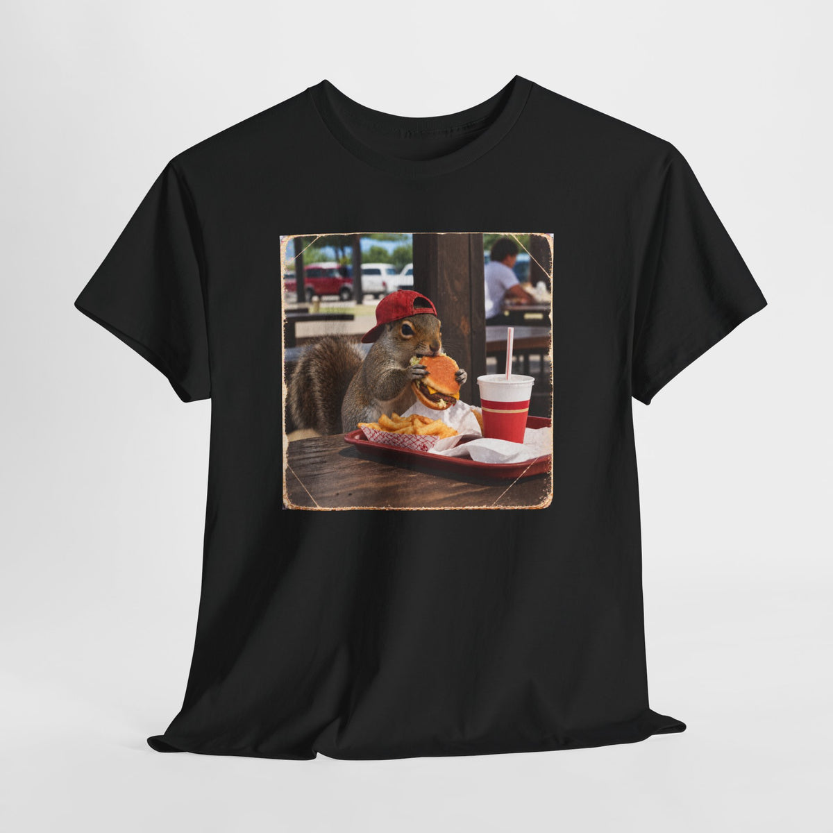 Squirrel Eating Burger T‑Shirt — Funny Animal Photo Tee