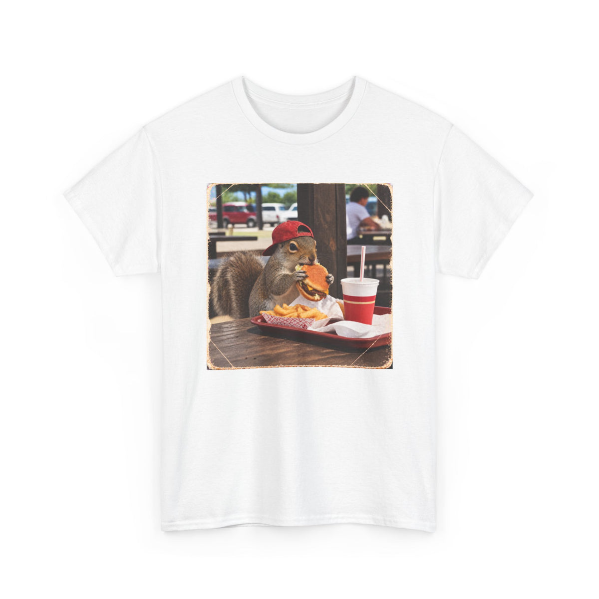 Squirrel Eating Burger T‑Shirt — Funny Animal Photo Tee
