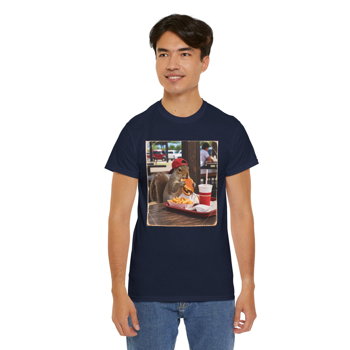 Squirrel Eating Burger T‑Shirt — Funny Animal Photo Tee