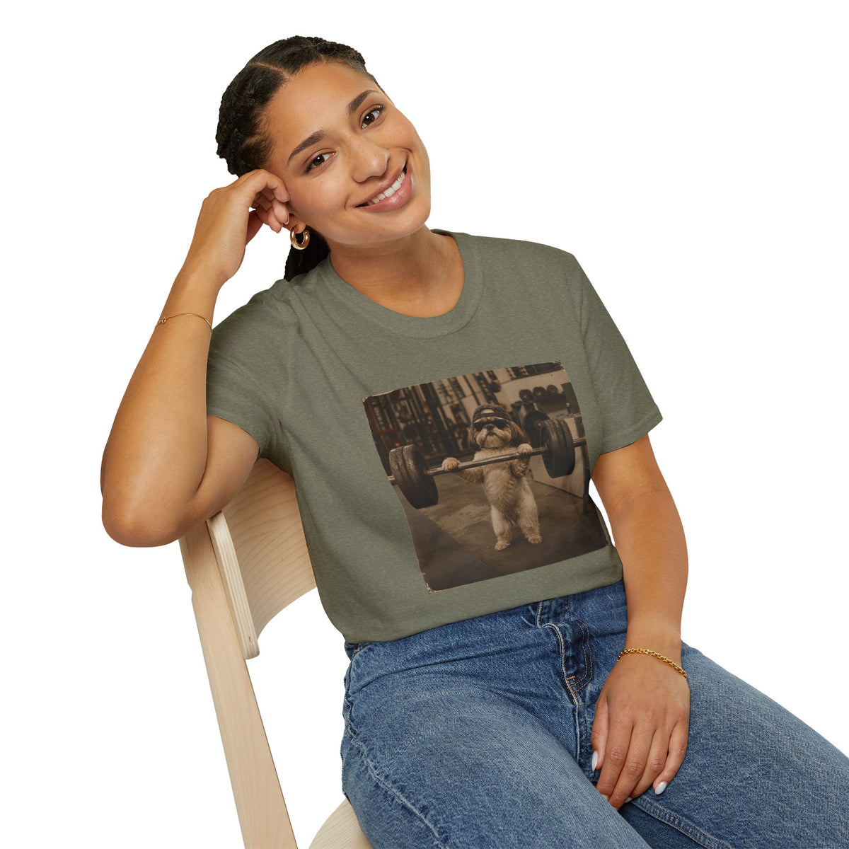 Strong Dog Lifting Barbell T-Shirt | Cute Gym Animal Graphic Tee