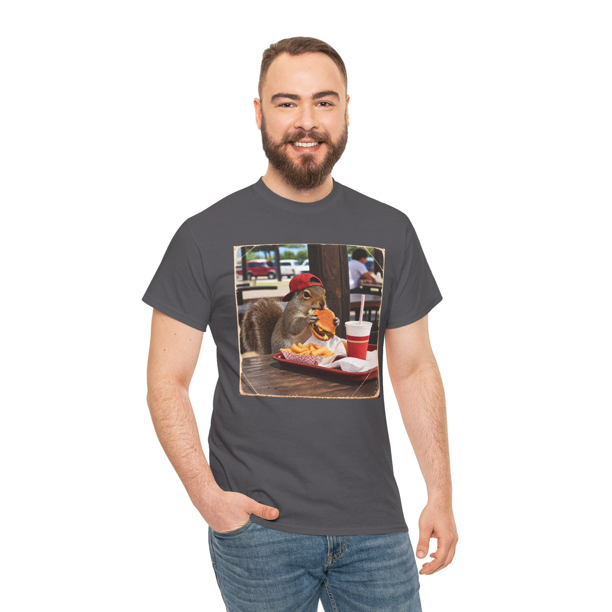 Squirrel Eating Burger T‑Shirt — Funny Animal Photo Tee
