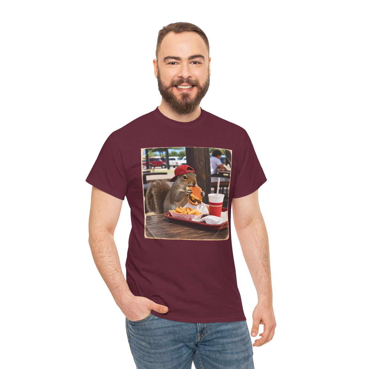 Squirrel Eating Burger T‑Shirt — Funny Animal Photo Tee