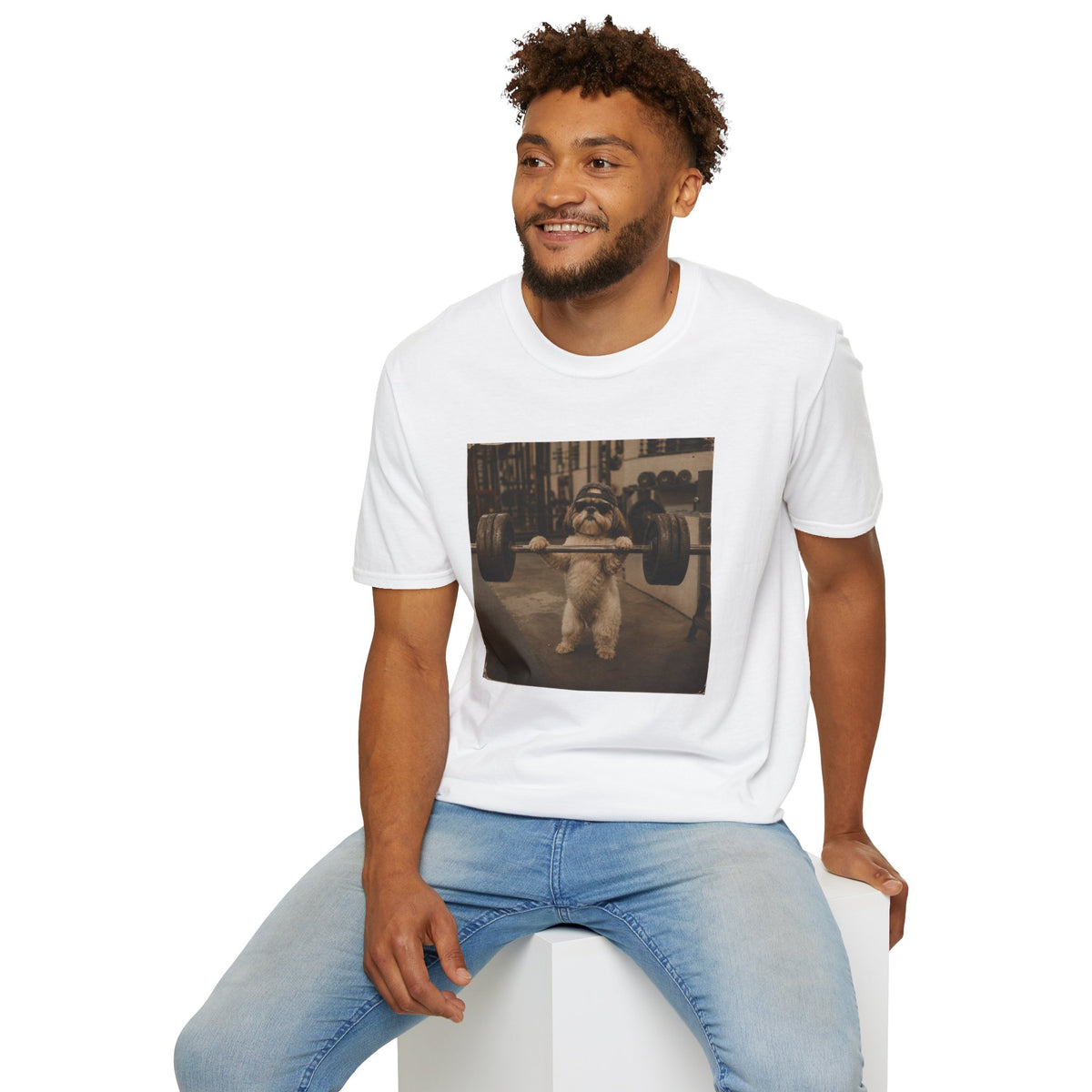 Strong Dog Lifting Barbell T-Shirt | Cute Gym Animal Graphic Tee