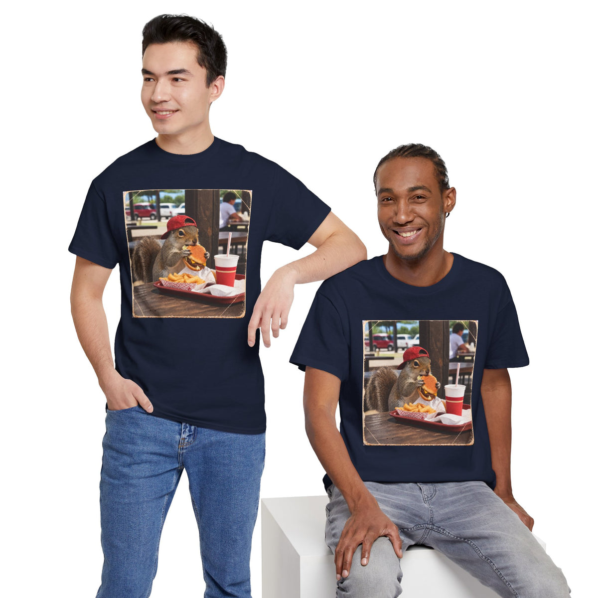 Squirrel Eating Burger T‑Shirt — Funny Animal Photo Tee