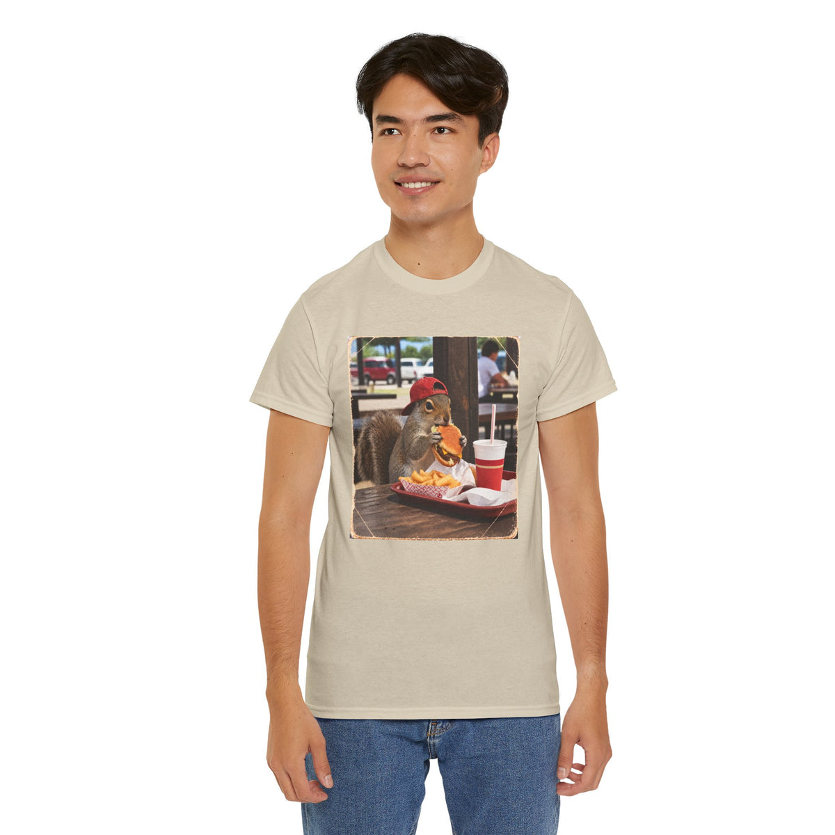 Squirrel Eating Burger T‑Shirt — Funny Animal Photo Tee
