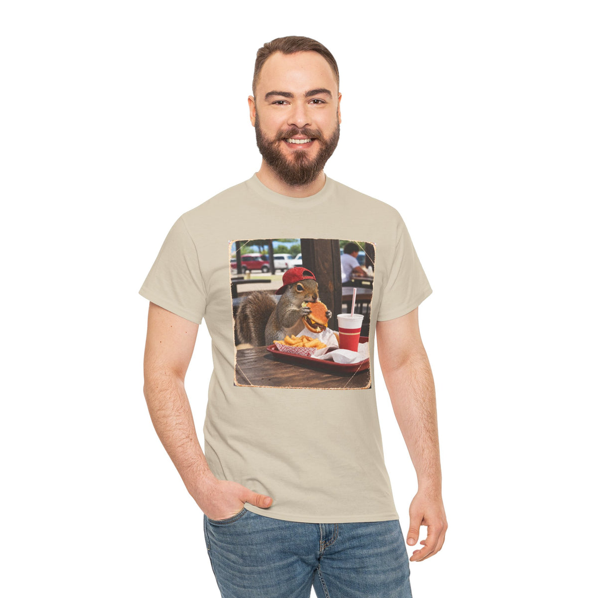 Squirrel Eating Burger T‑Shirt — Funny Animal Photo Tee