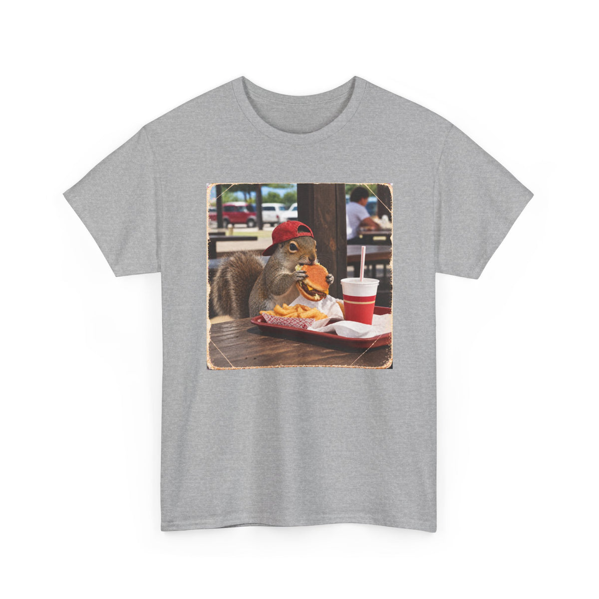 Squirrel Eating Burger T‑Shirt — Funny Animal Photo Tee