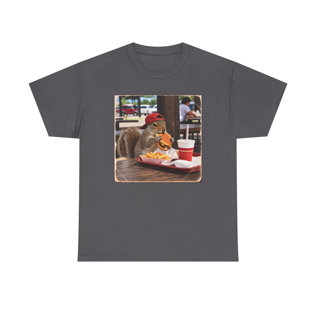 Squirrel Eating Burger T‑Shirt — Funny Animal Photo Tee