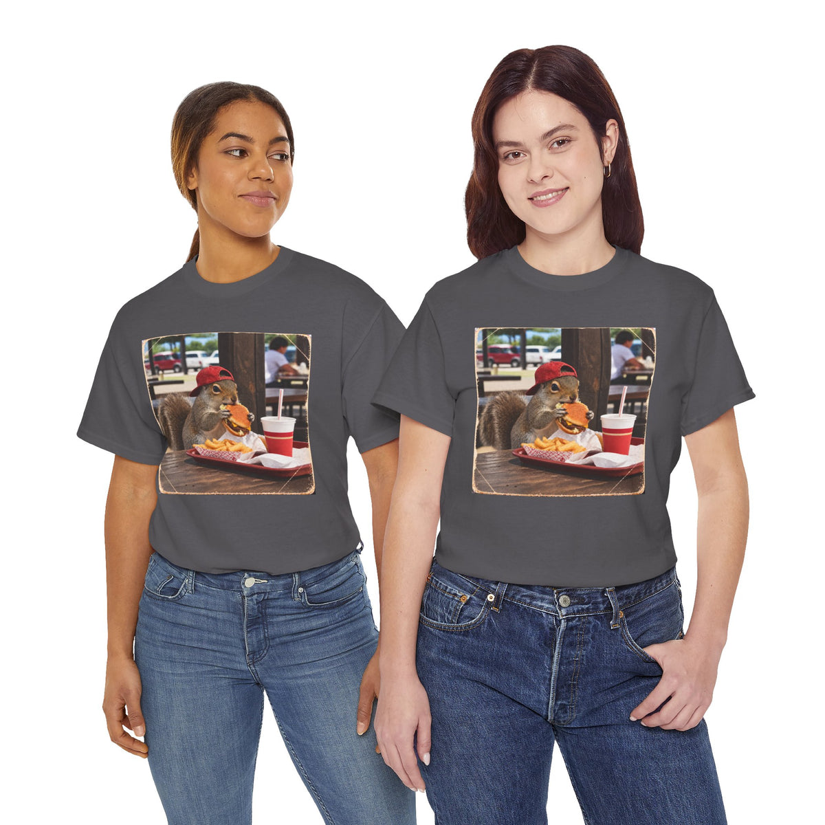 Squirrel Eating Burger T‑Shirt — Funny Animal Photo Tee