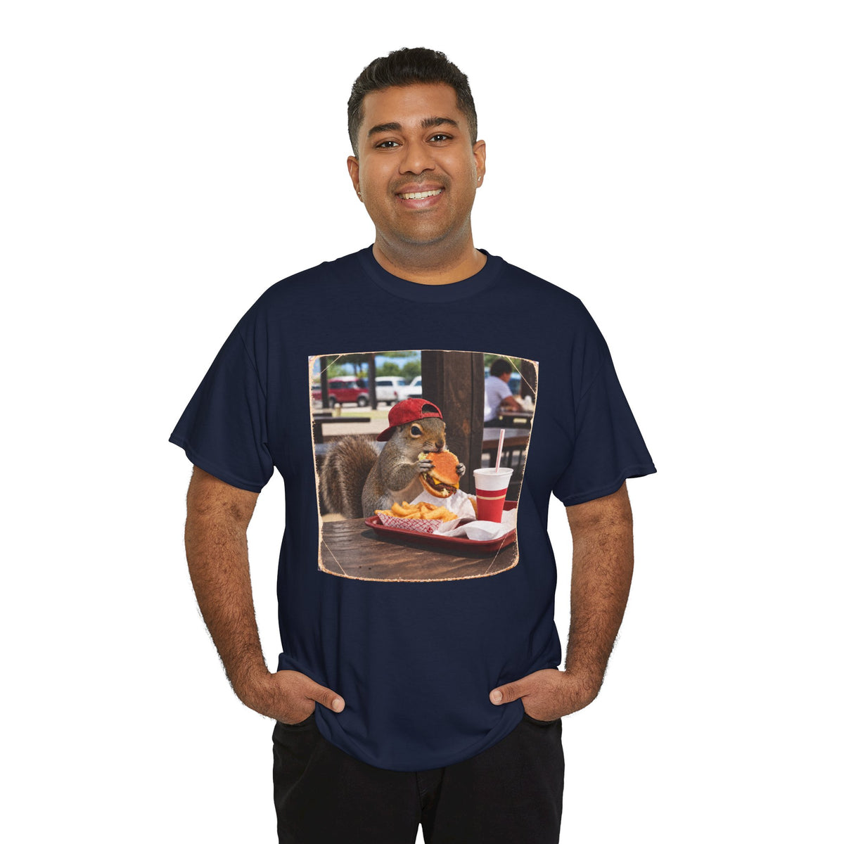 Squirrel Eating Burger T‑Shirt — Funny Animal Photo Tee