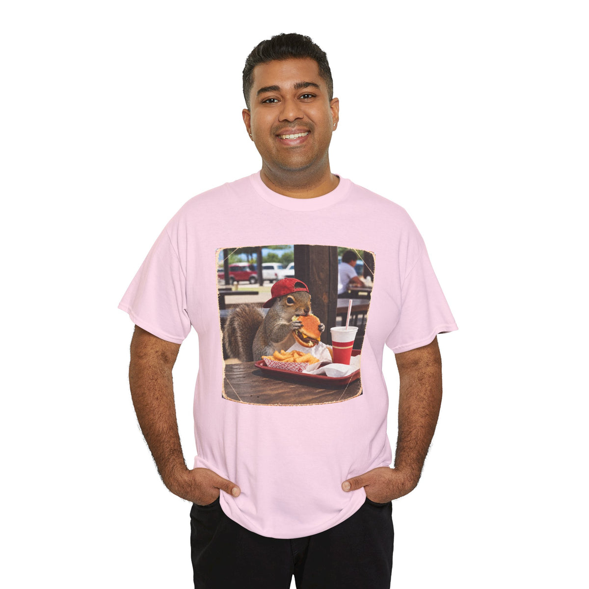 Squirrel Eating Burger T‑Shirt — Funny Animal Photo Tee