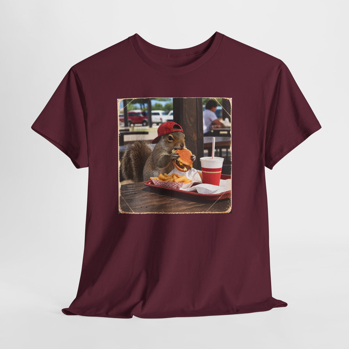 Squirrel Eating Burger T‑Shirt — Funny Animal Photo Tee