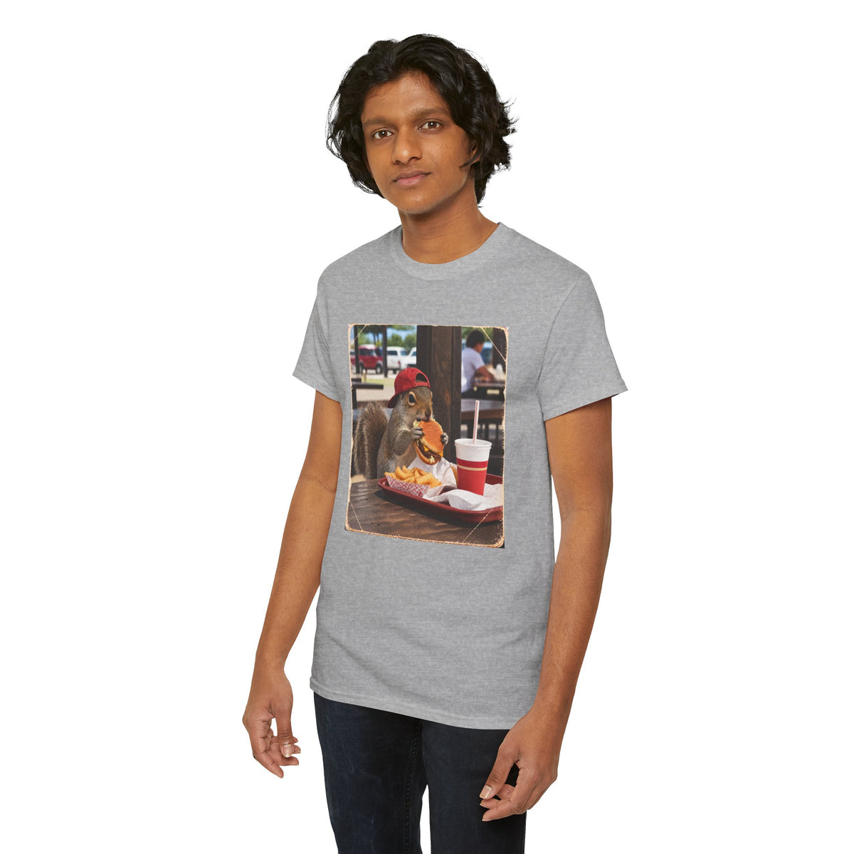 Squirrel Eating Burger T‑Shirt — Funny Animal Photo Tee