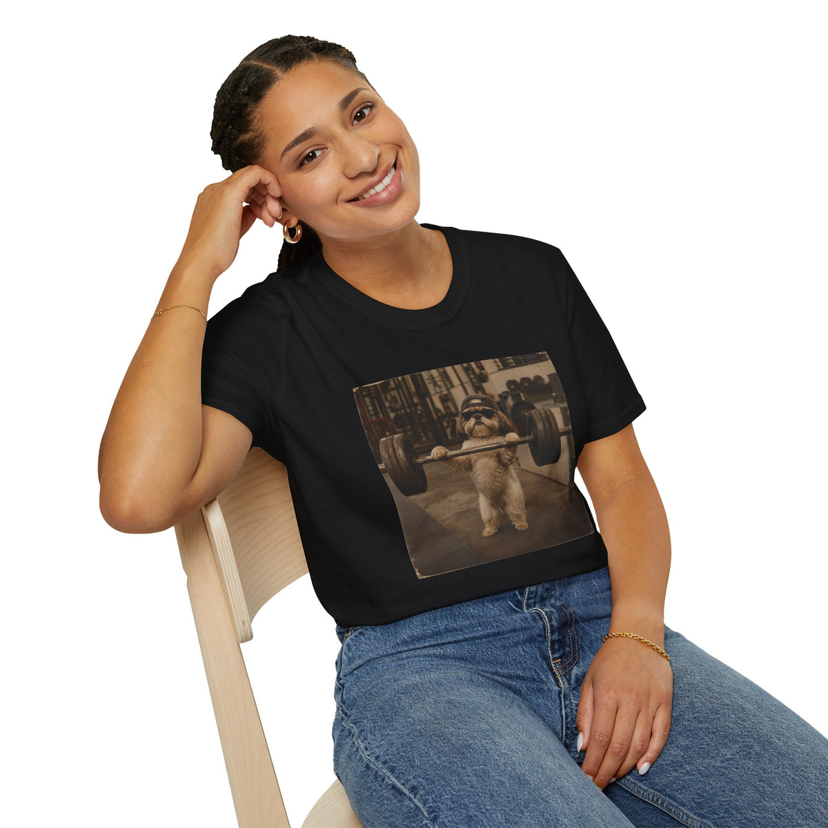 Strong Dog Lifting Barbell T-Shirt | Cute Gym Animal Graphic Tee