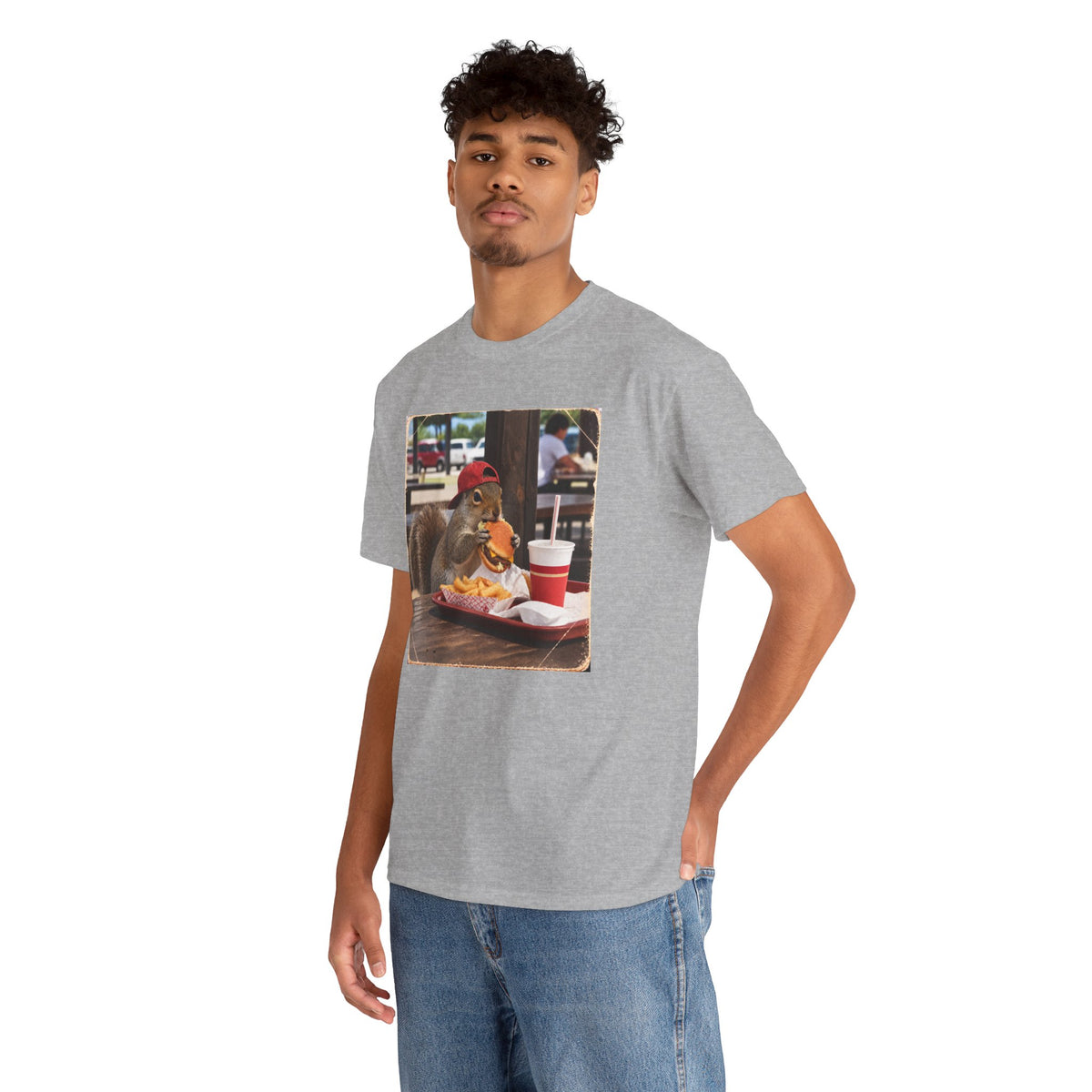 Squirrel Eating Burger T‑Shirt — Funny Animal Photo Tee