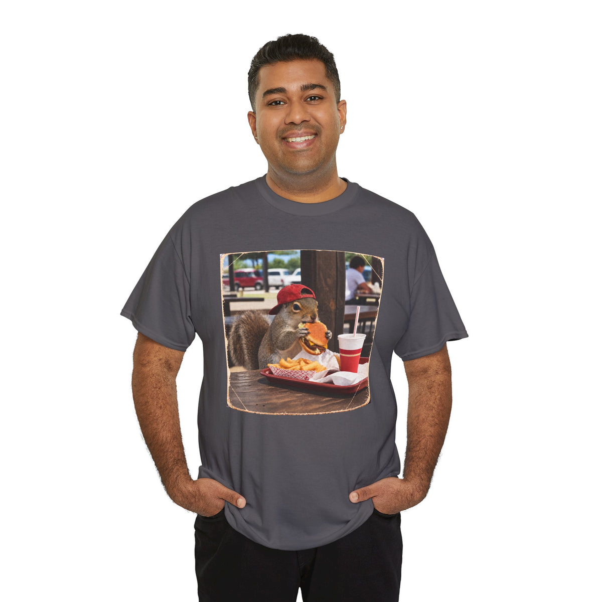 Squirrel Eating Burger T‑Shirt — Funny Animal Photo Tee