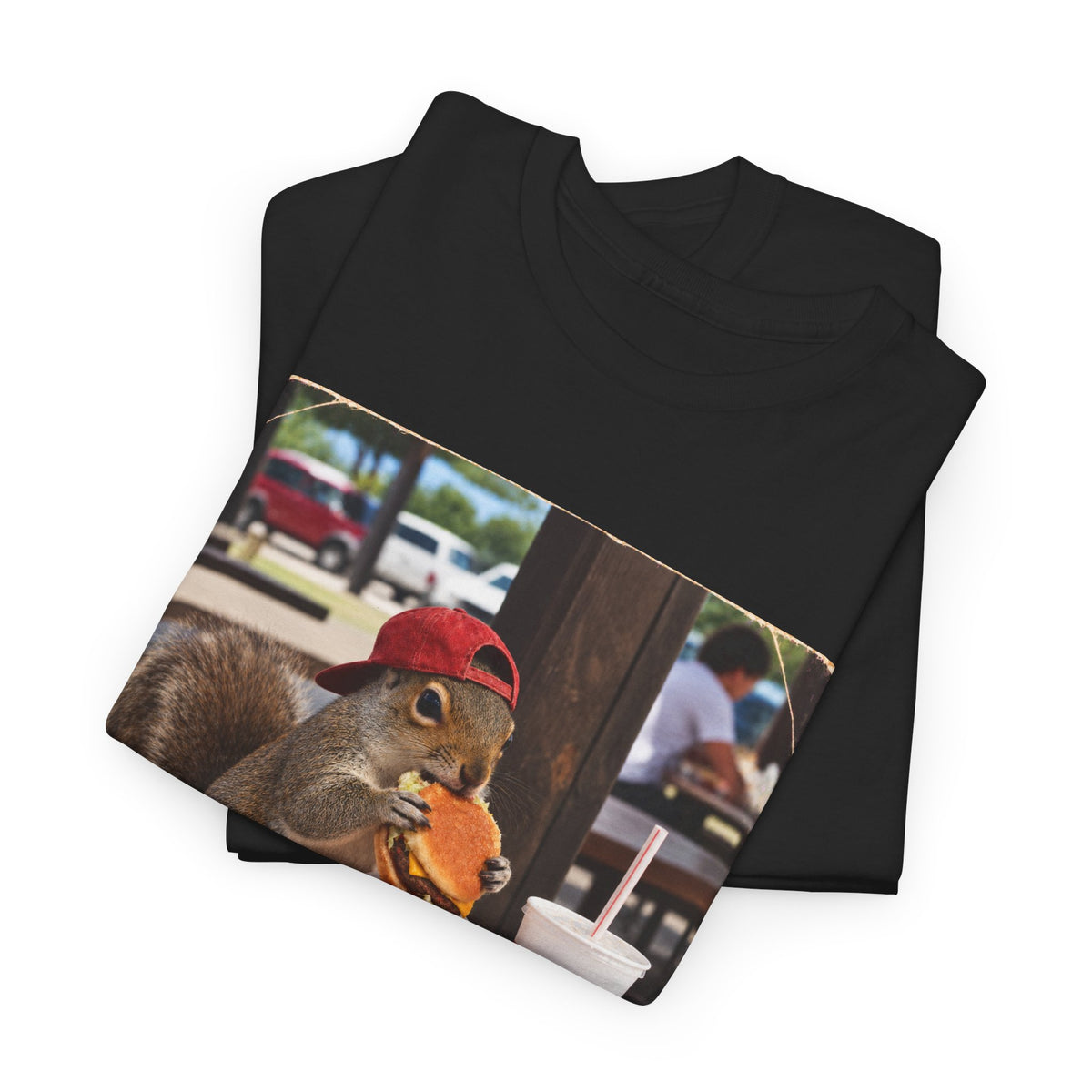 Squirrel Eating Burger T‑Shirt — Funny Animal Photo Tee