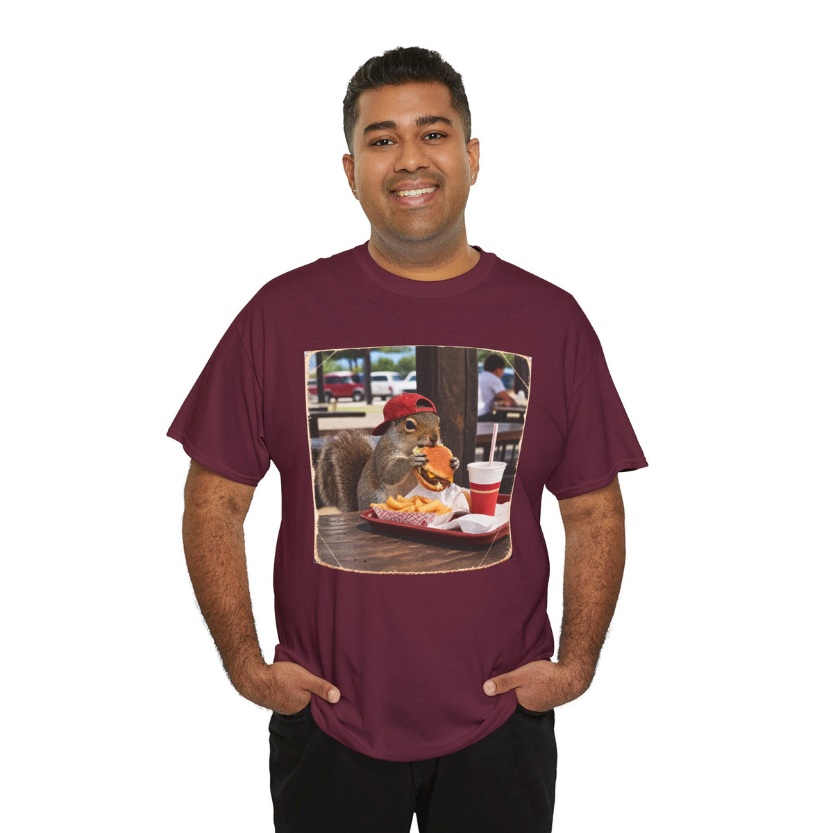Squirrel Eating Burger T‑Shirt — Funny Animal Photo Tee
