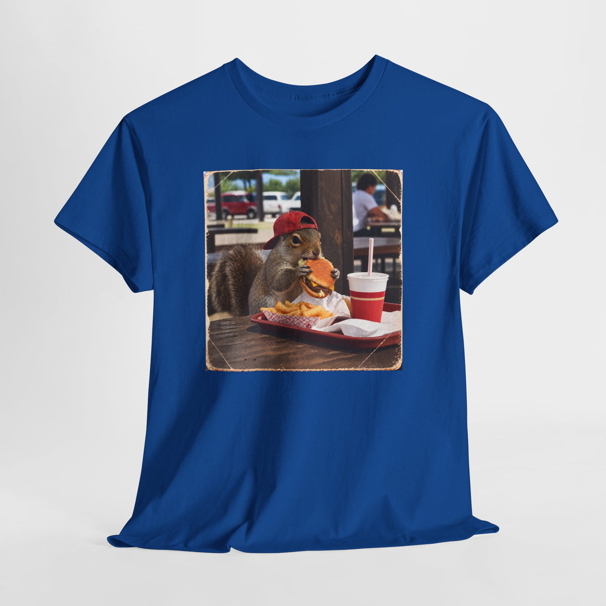 Squirrel Eating Burger T‑Shirt — Funny Animal Photo Tee