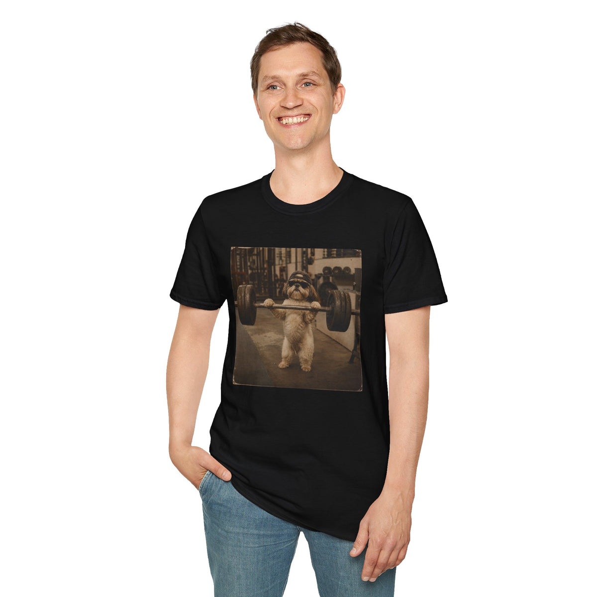 Strong Dog Lifting Barbell T-Shirt | Cute Gym Animal Graphic Tee