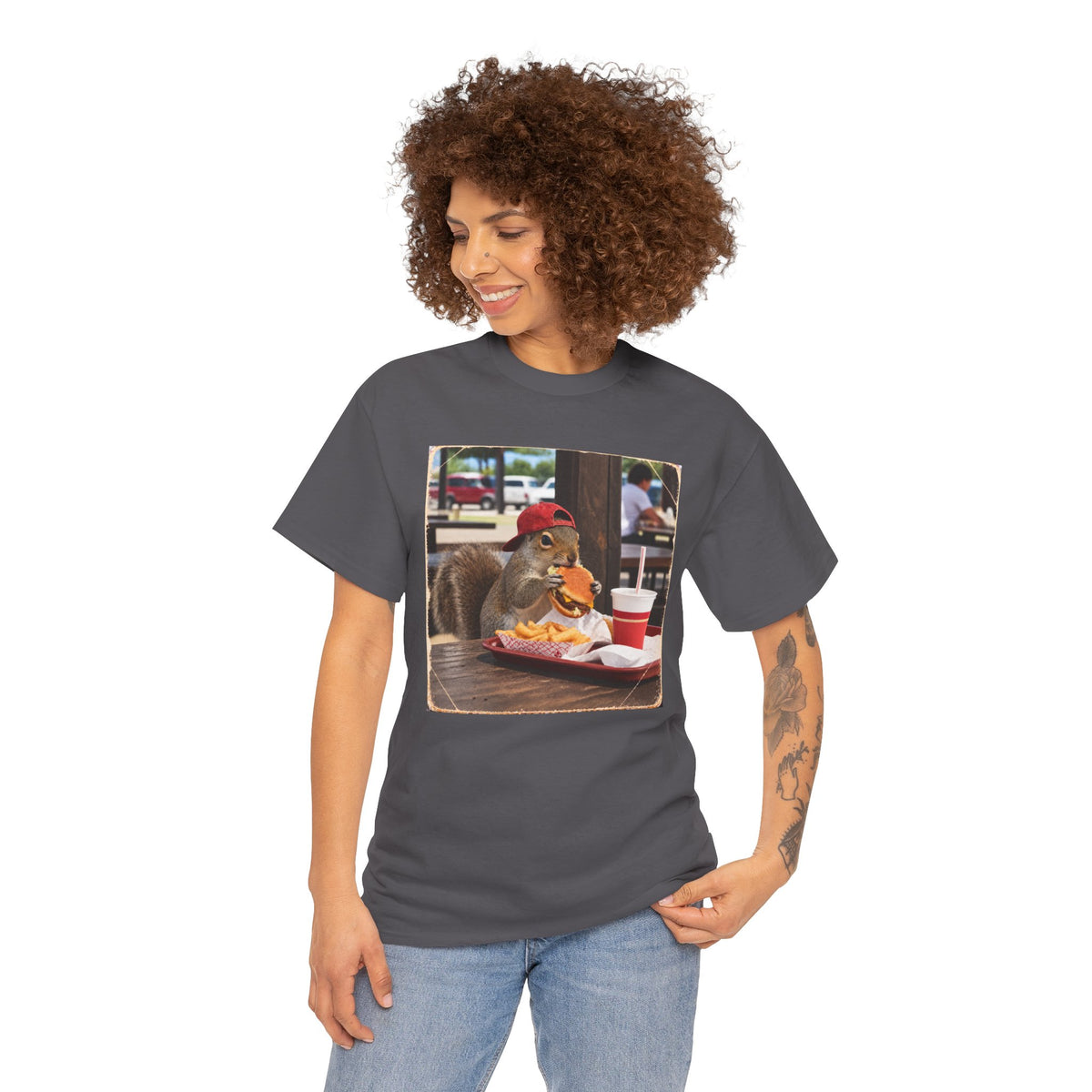 Squirrel Eating Burger T‑Shirt — Funny Animal Photo Tee