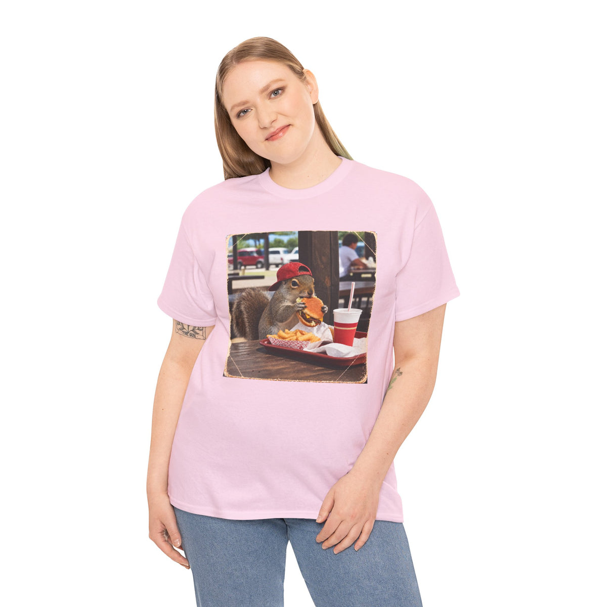 Squirrel Eating Burger T‑Shirt — Funny Animal Photo Tee