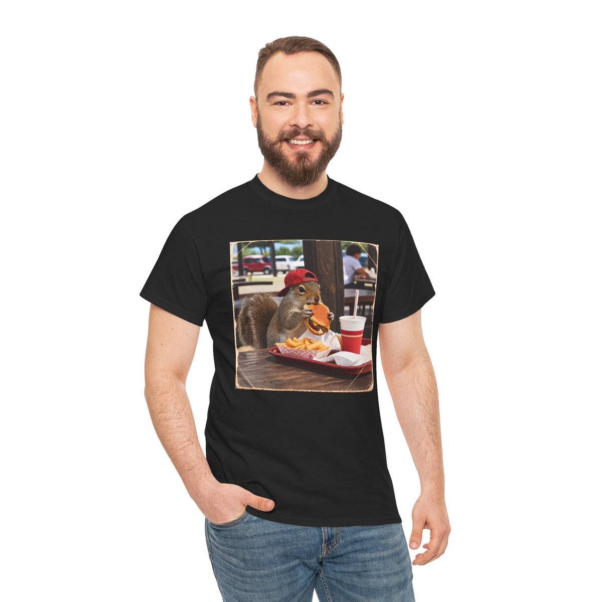 Squirrel Eating Burger T‑Shirt — Funny Animal Photo Tee