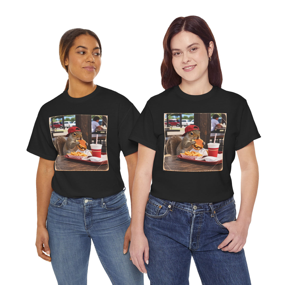 Squirrel Eating Burger T‑Shirt — Funny Animal Photo Tee