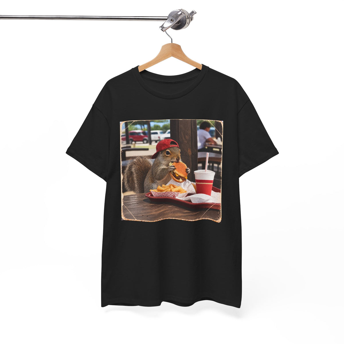Squirrel Eating Burger T‑Shirt — Funny Animal Photo Tee