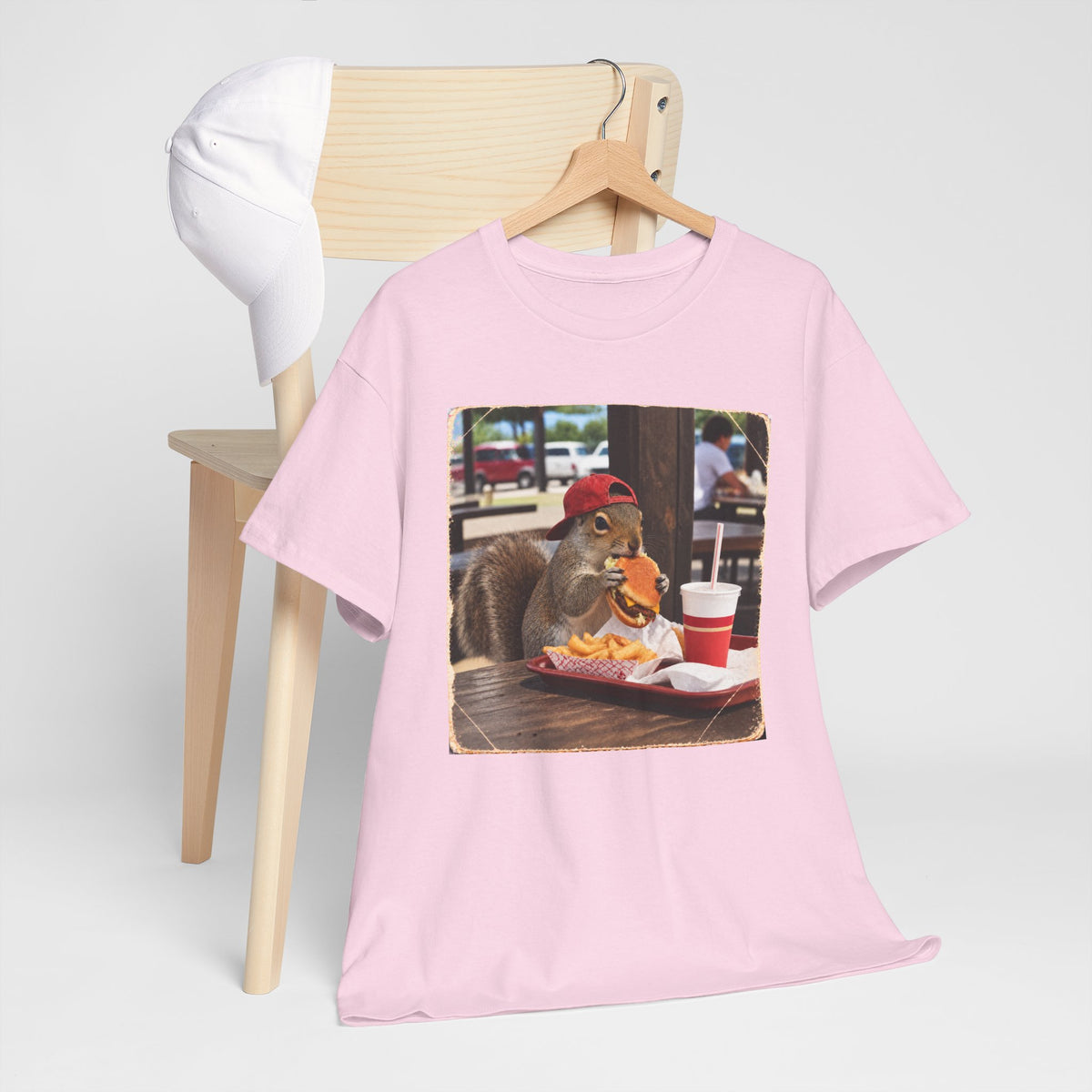 Squirrel Eating Burger T‑Shirt — Funny Animal Photo Tee
