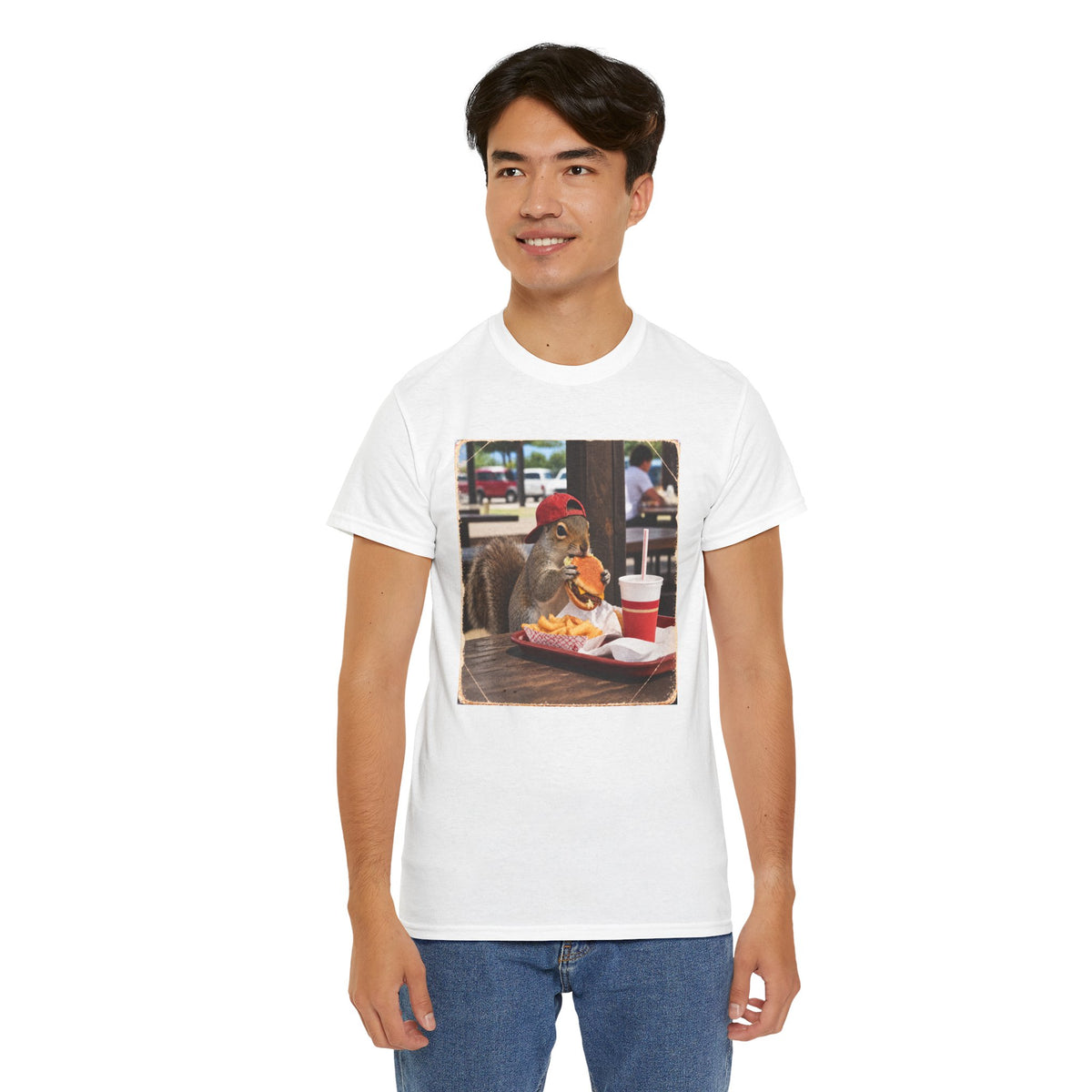 Squirrel Eating Burger T‑Shirt — Funny Animal Photo Tee