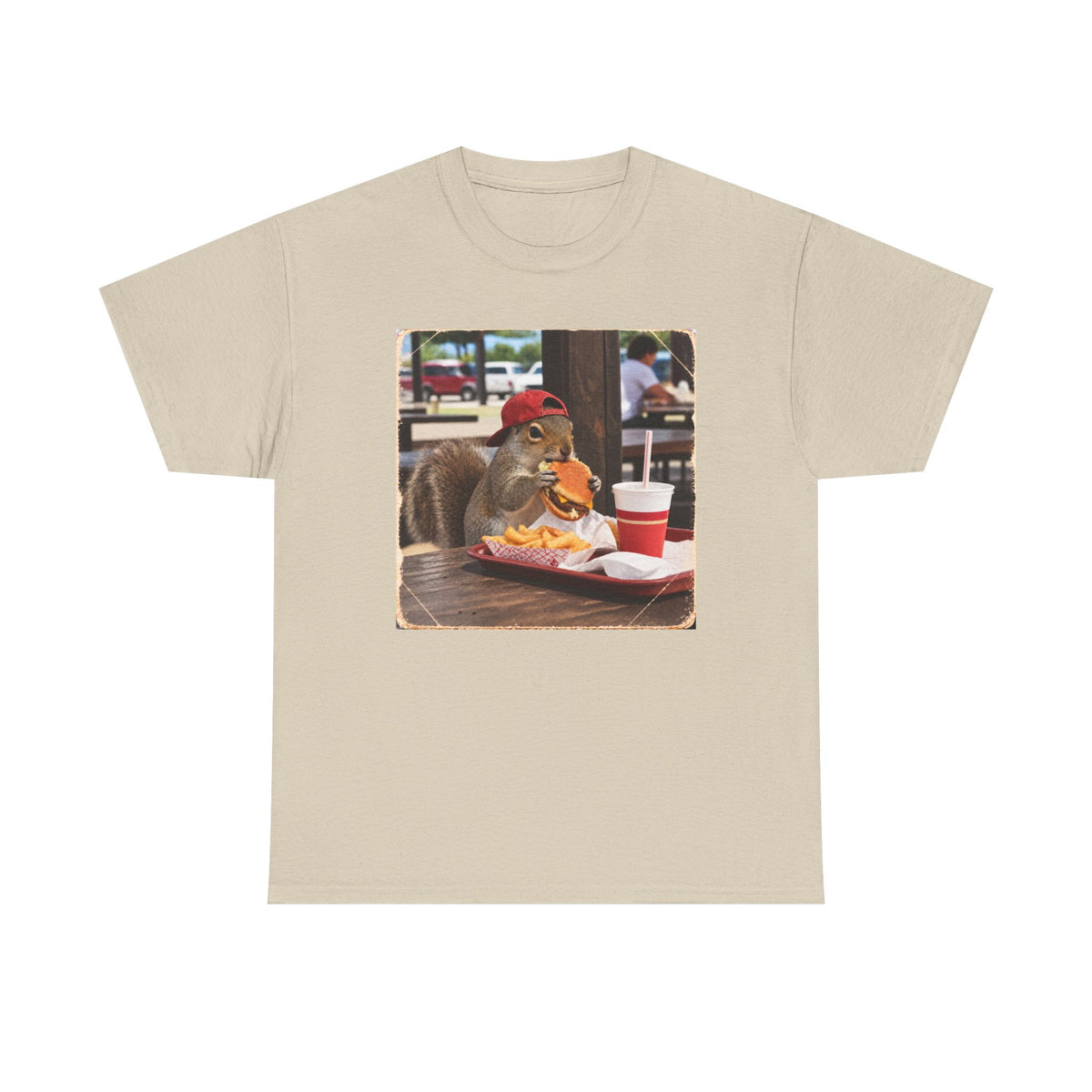 Squirrel Eating Burger T‑Shirt — Funny Animal Photo Tee