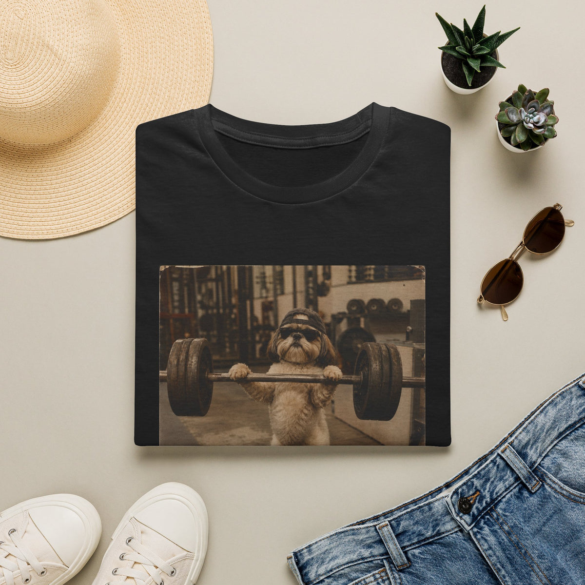 Strong Dog Lifting Barbell T-Shirt | Cute Gym Animal Graphic Tee