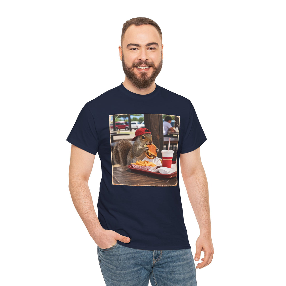 Squirrel Eating Burger T‑Shirt — Funny Animal Photo Tee