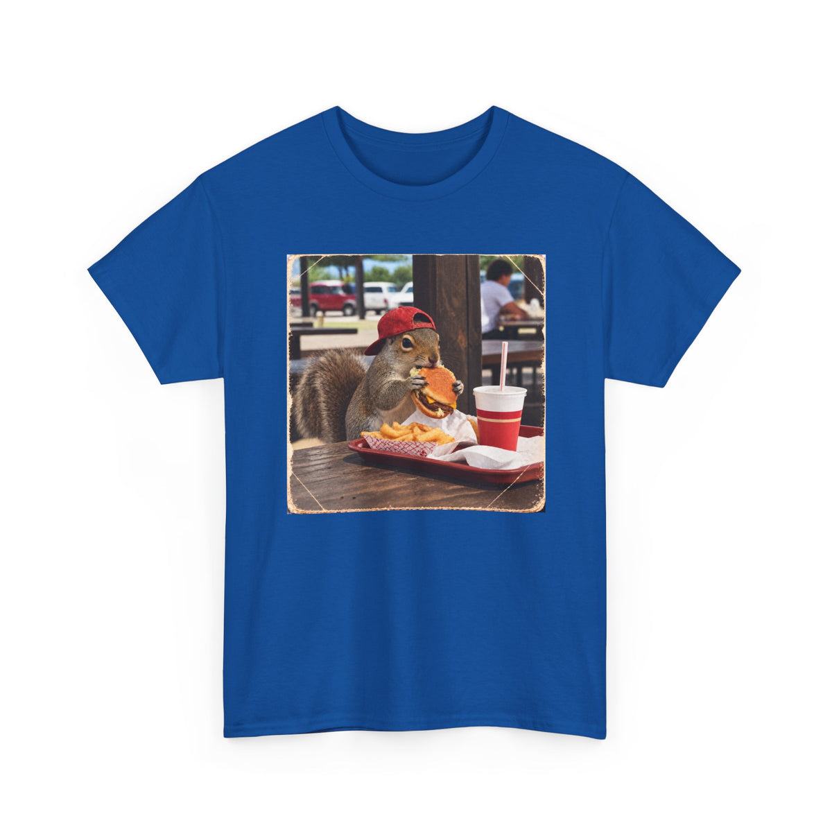 Squirrel Eating Burger T‑Shirt — Funny Animal Photo Tee