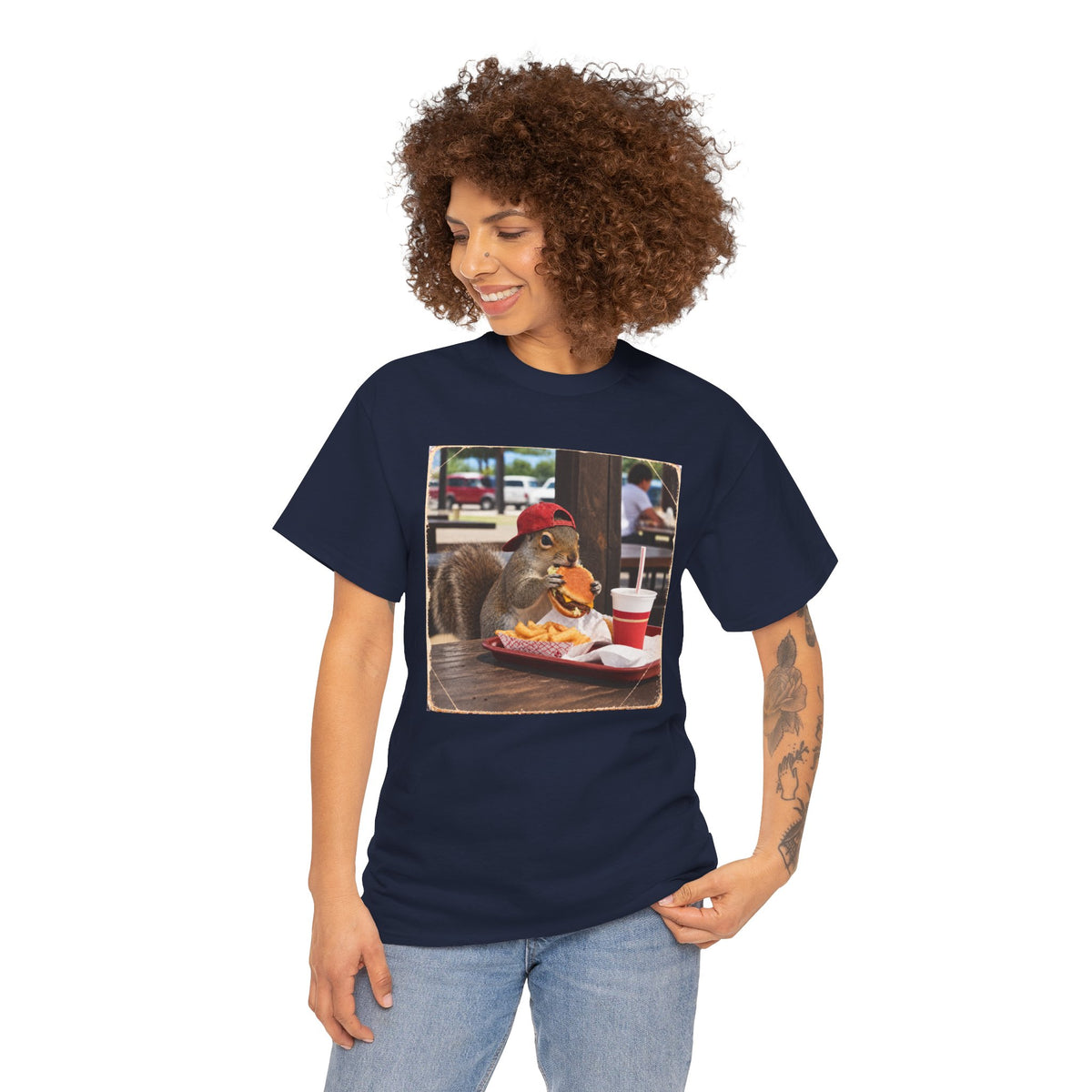 Squirrel Eating Burger T‑Shirt — Funny Animal Photo Tee