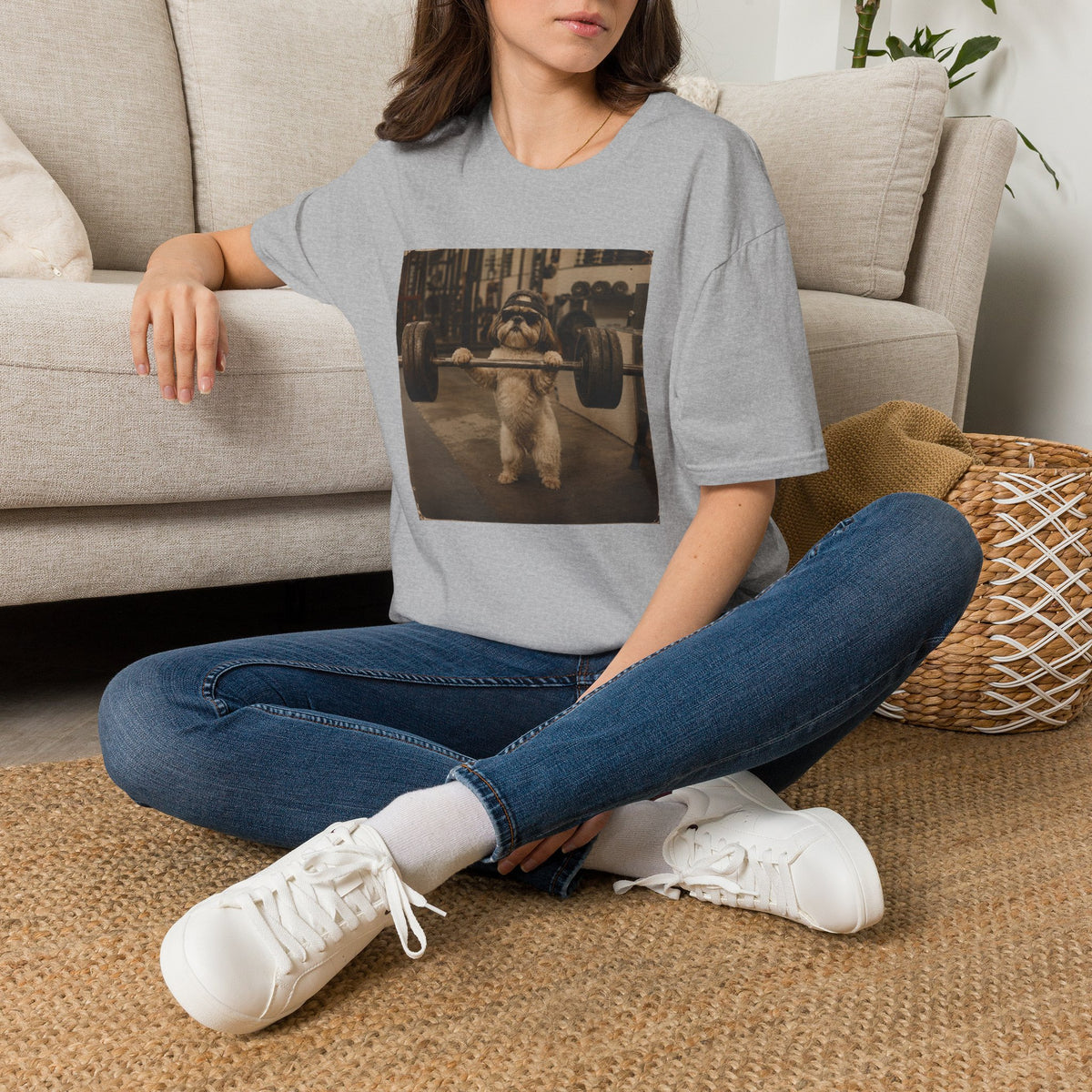 Strong Dog Lifting Barbell T-Shirt | Cute Gym Animal Graphic Tee