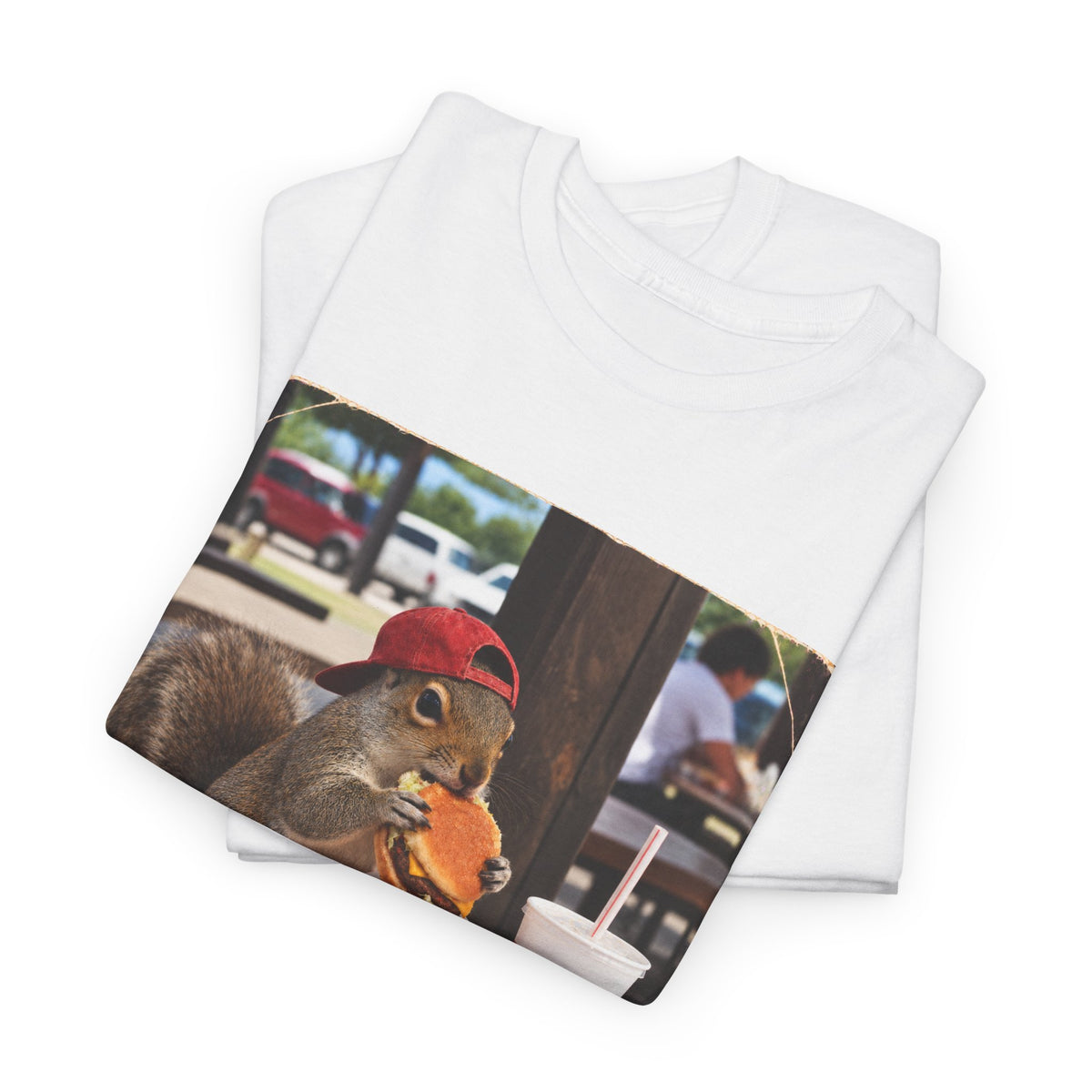 Squirrel Eating Burger T‑Shirt — Funny Animal Photo Tee
