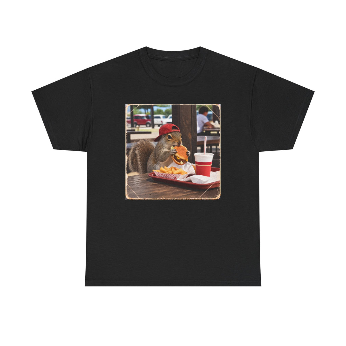 Squirrel Eating Burger T‑Shirt — Funny Animal Photo Tee