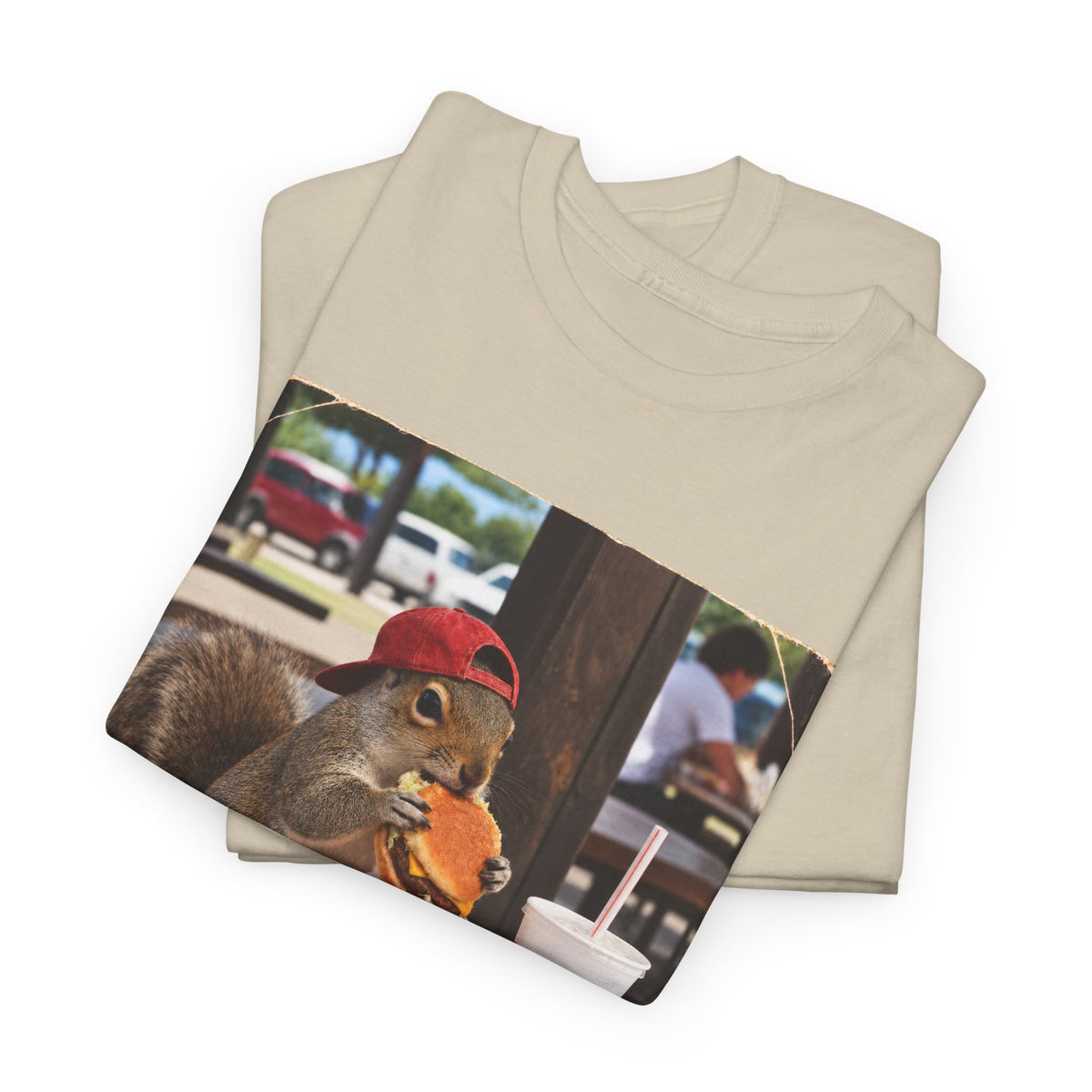 Squirrel Eating Burger T‑Shirt — Funny Animal Photo Tee