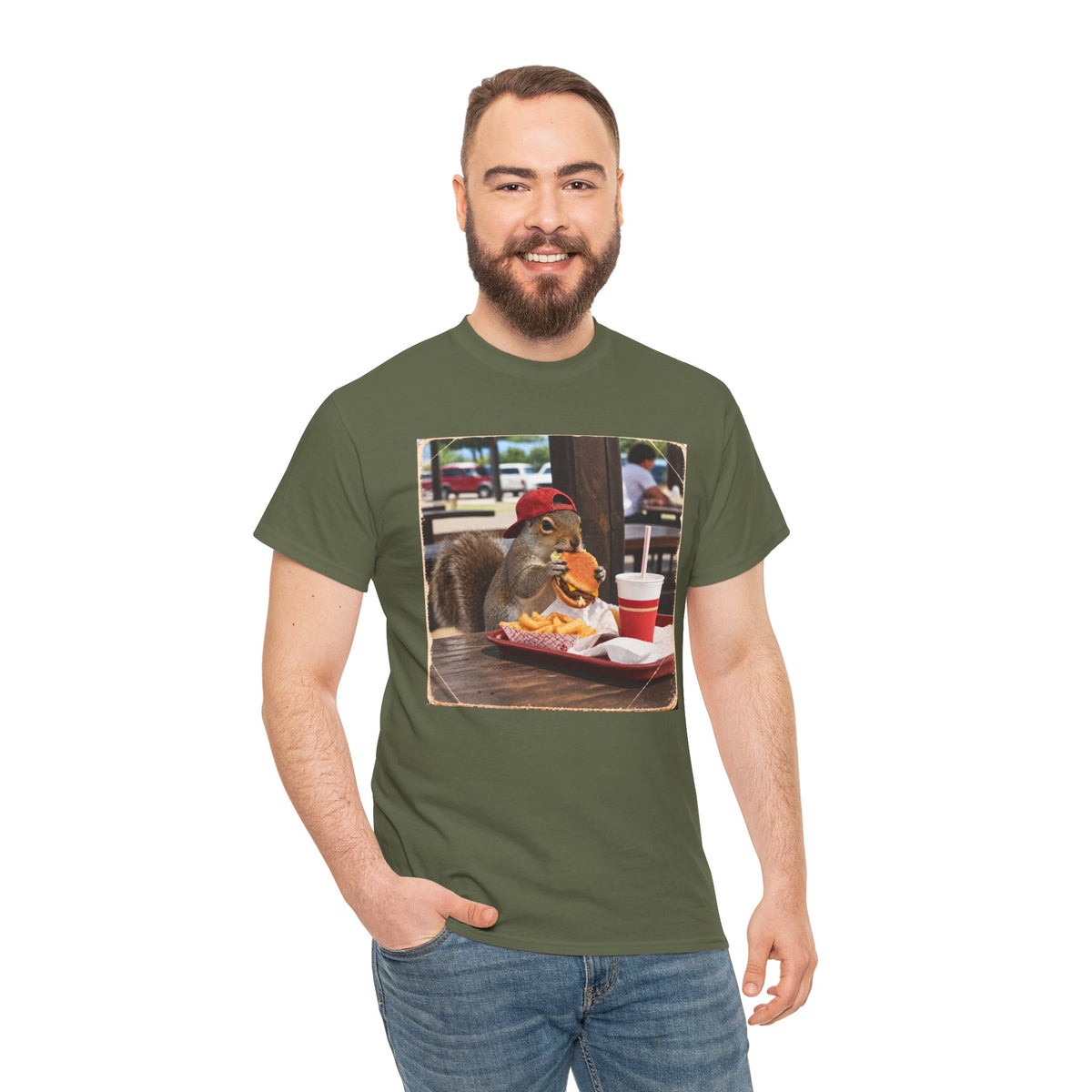 Squirrel Eating Burger T‑Shirt — Funny Animal Photo Tee