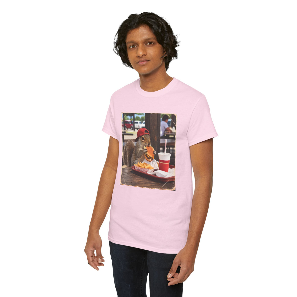 Squirrel Eating Burger T‑Shirt — Funny Animal Photo Tee