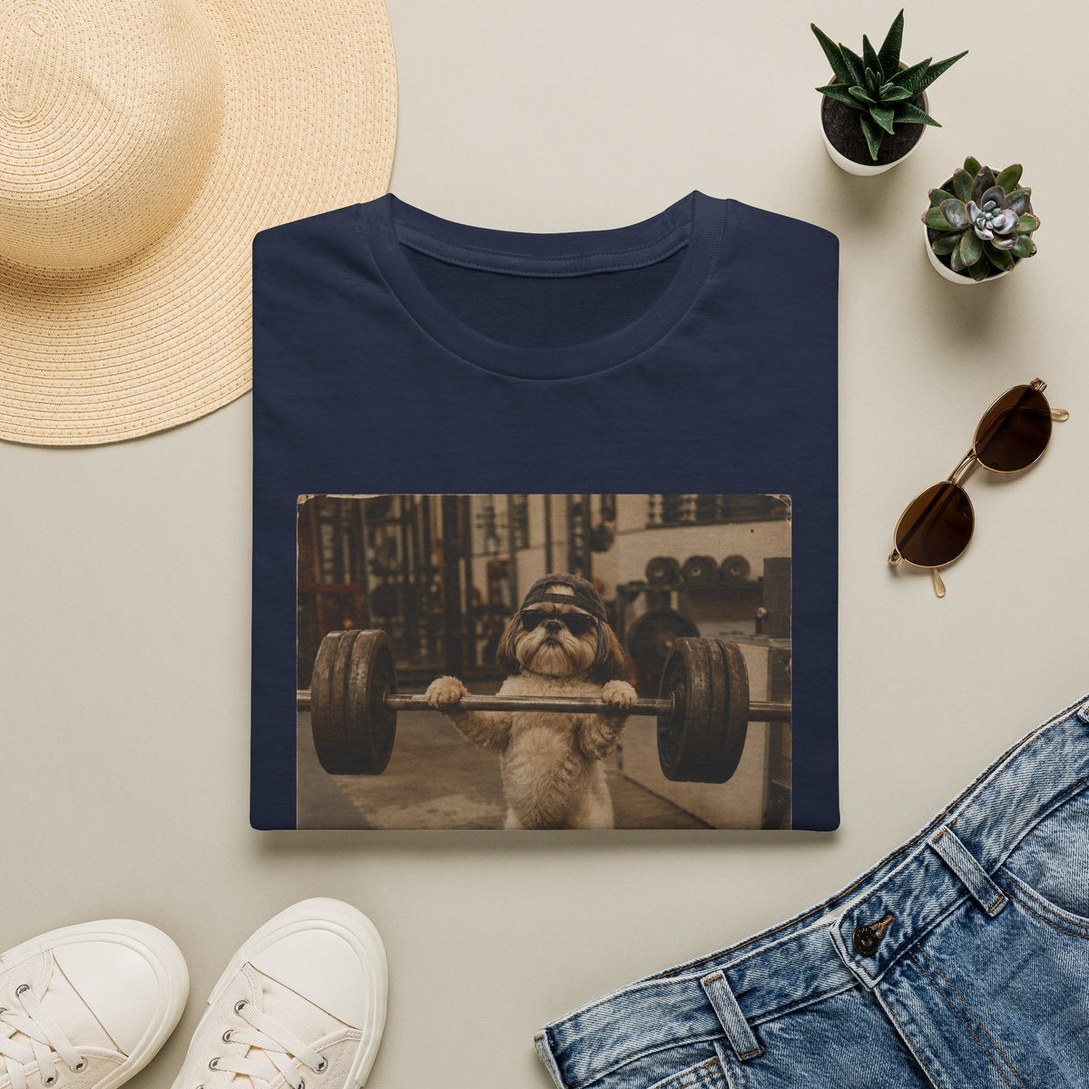 Strong Dog Lifting Barbell T-Shirt | Cute Gym Animal Graphic Tee