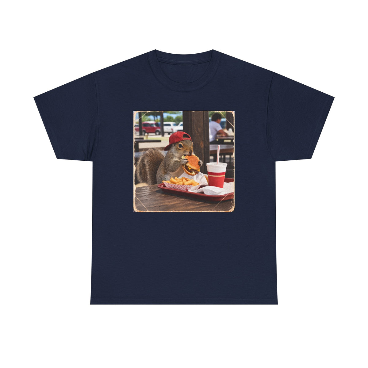 Squirrel Eating Burger T‑Shirt — Funny Animal Photo Tee