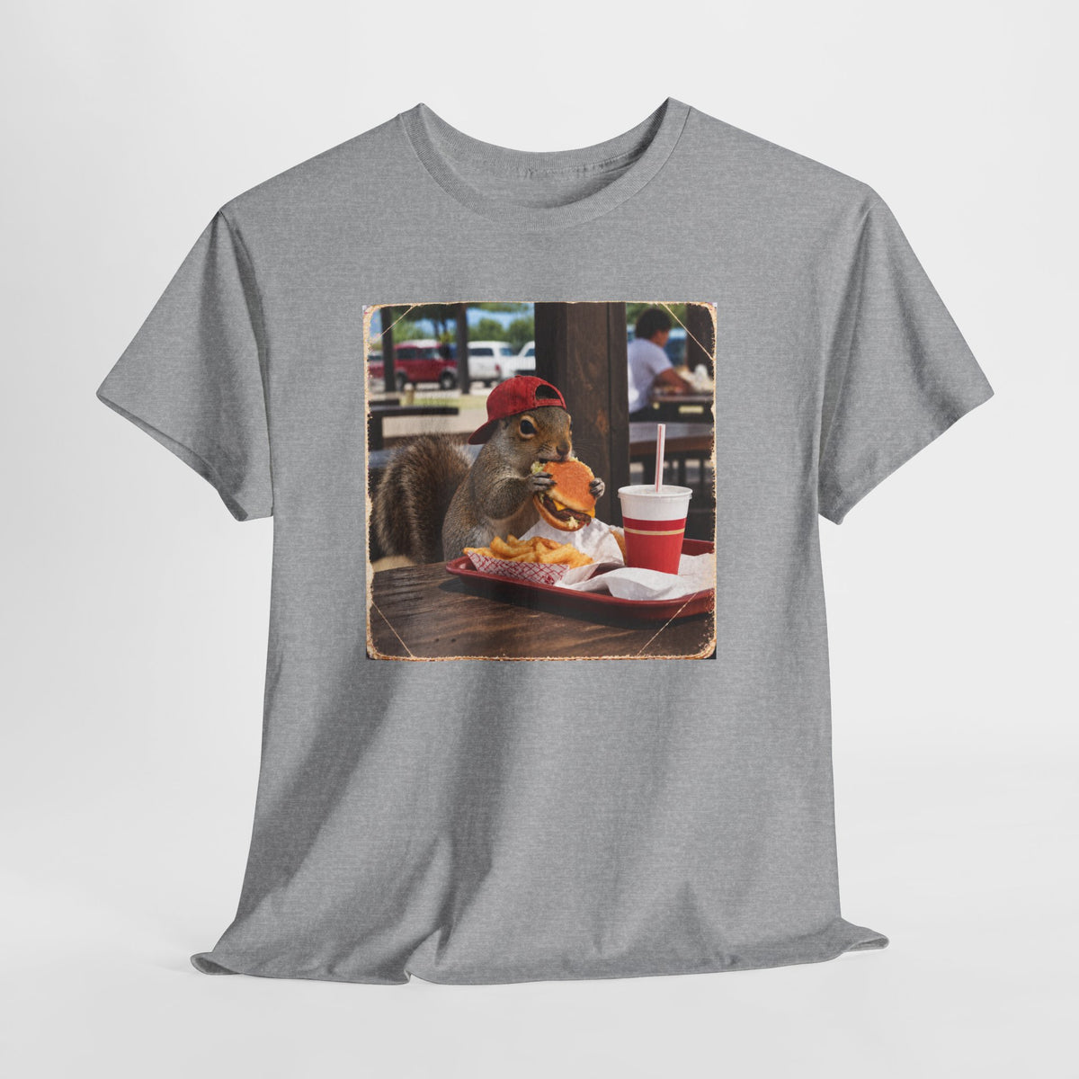Squirrel Eating Burger T‑Shirt — Funny Animal Photo Tee