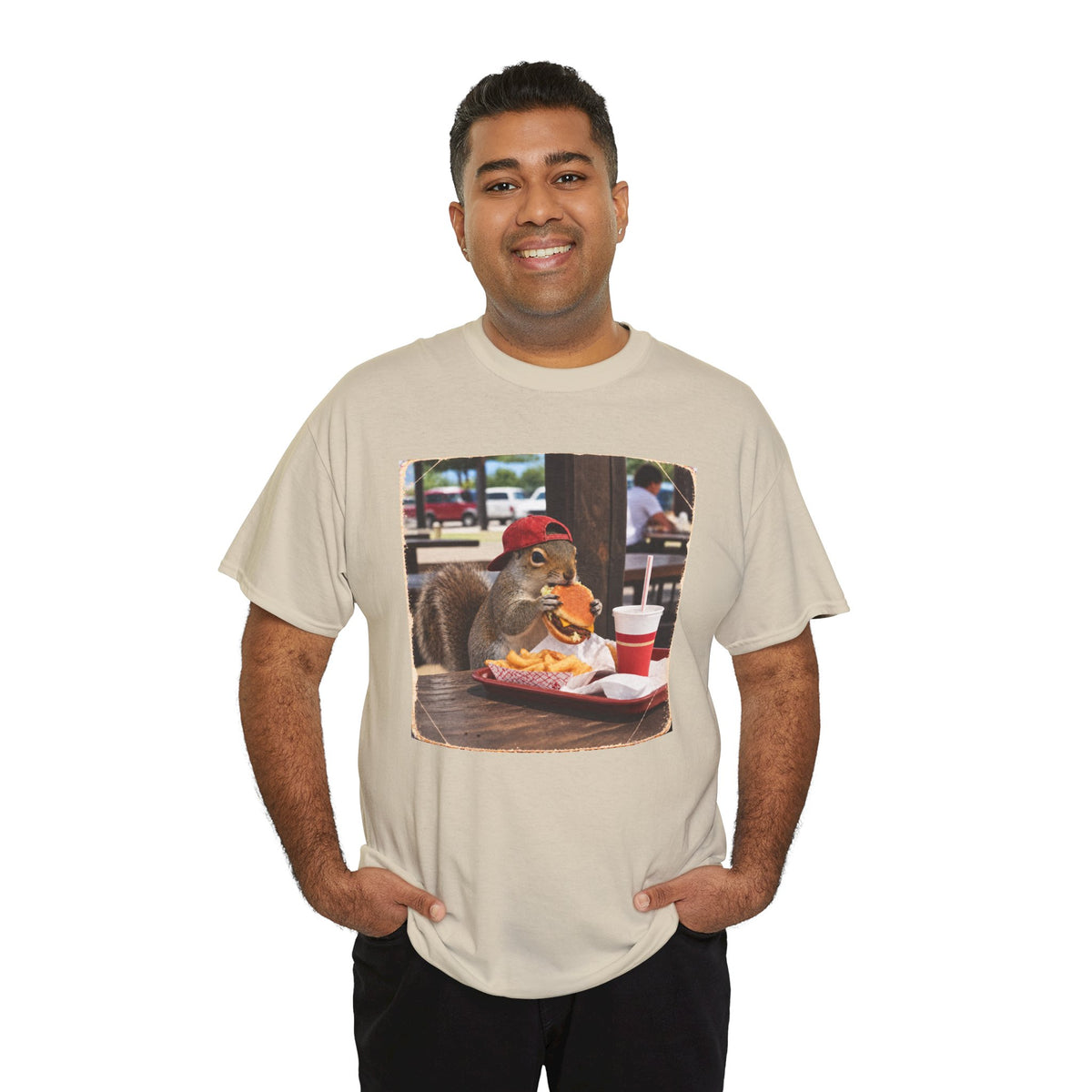 Squirrel Eating Burger T‑Shirt — Funny Animal Photo Tee