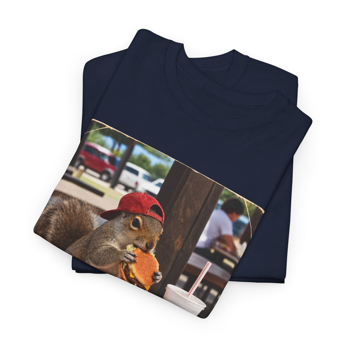 Squirrel Eating Burger T‑Shirt — Funny Animal Photo Tee